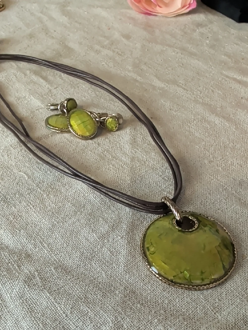 Vintage Monet Shell Mosaic Pendant Necklace & Matching Clip Earrings Set